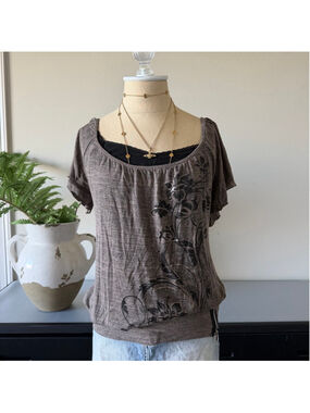 Tutta Bella Y2K Indie Boatneck Top | Brown Floral Cottagecore | M